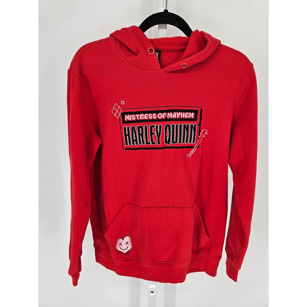 DC Comics Harley Quinn Mistress of Mayhem embroidered red pullover hoodie Sz S